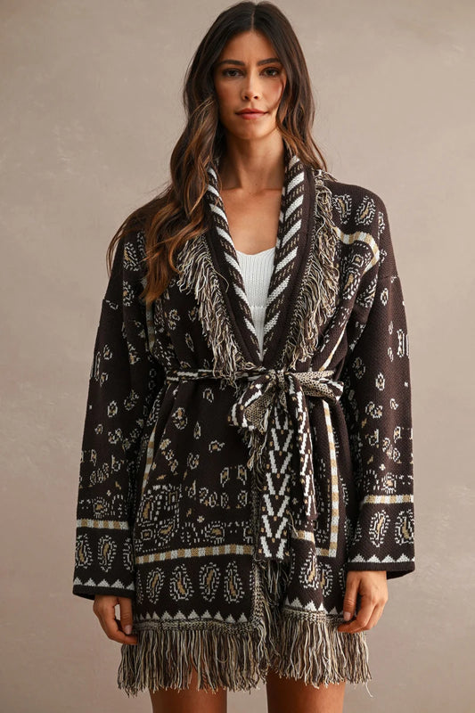 Fringe Detail Long Cardigan with Self Tie Chocolate Brown