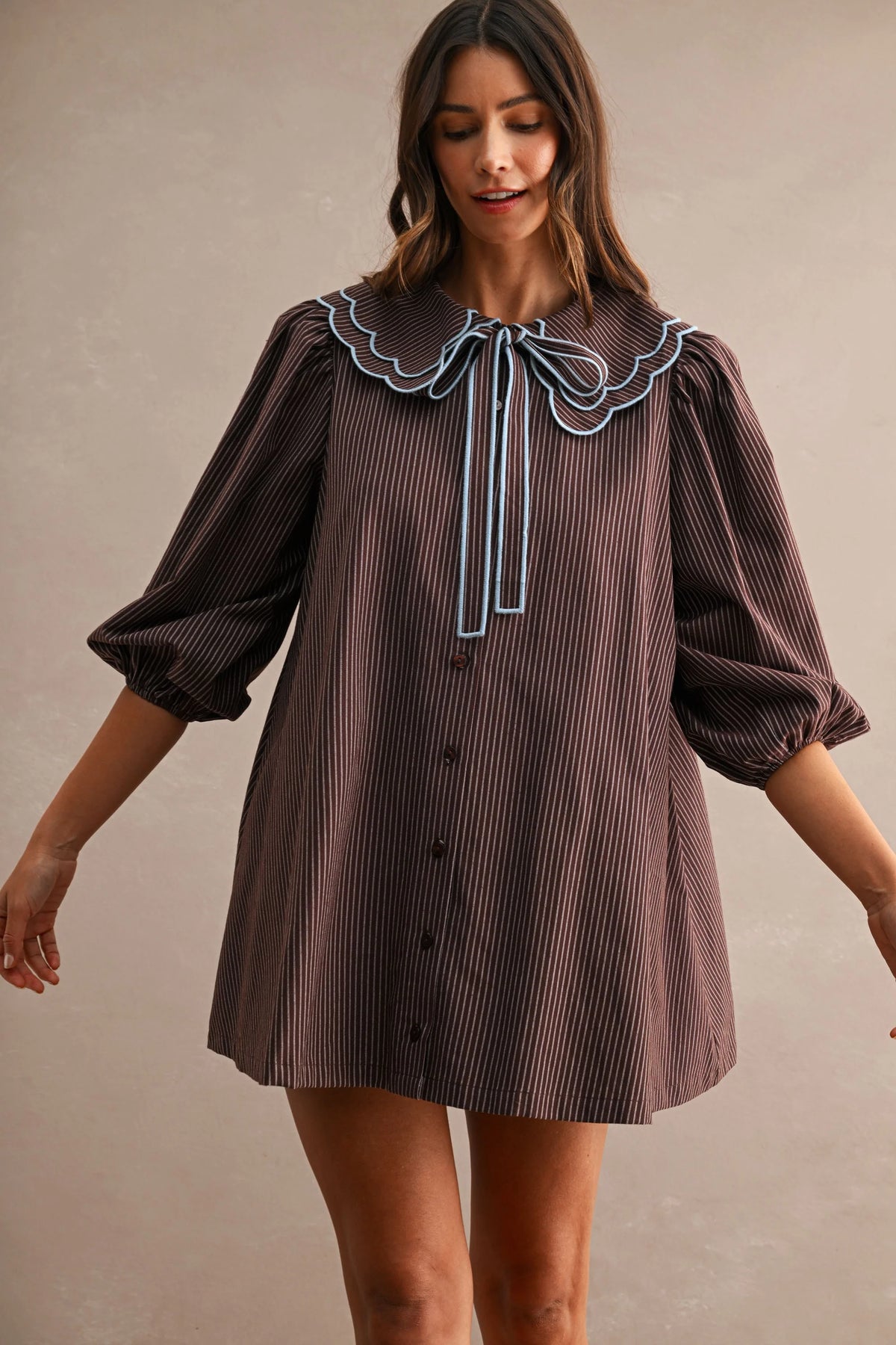 Scallop Peter Pan Collar Shirt Mini Dress Chocolate Brown