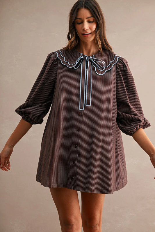 Scallop Peter Pan Collar Shirt Mini Dress Chocolate Brown