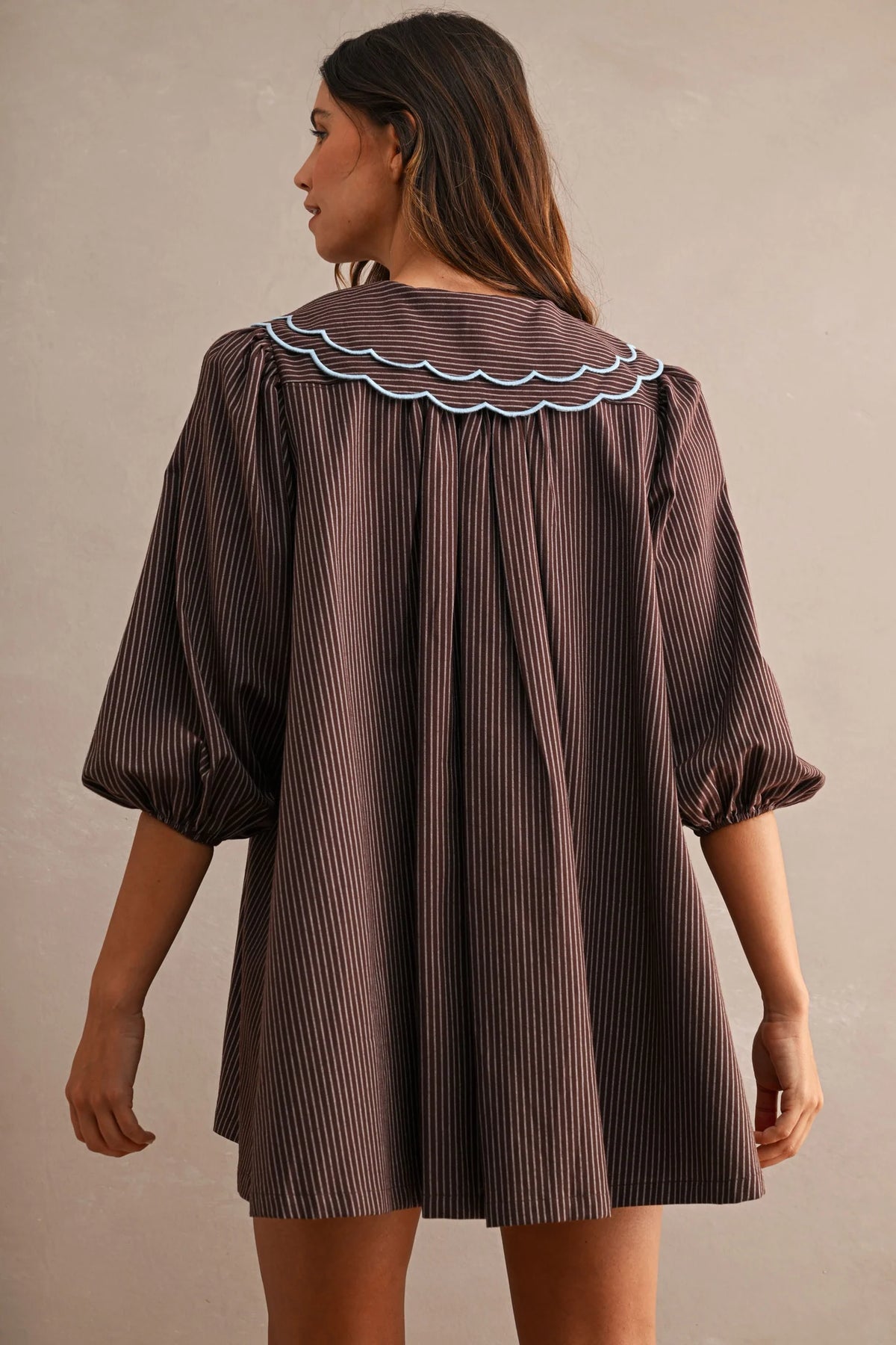 Scallop Peter Pan Collar Shirt Mini Dress Chocolate Brown