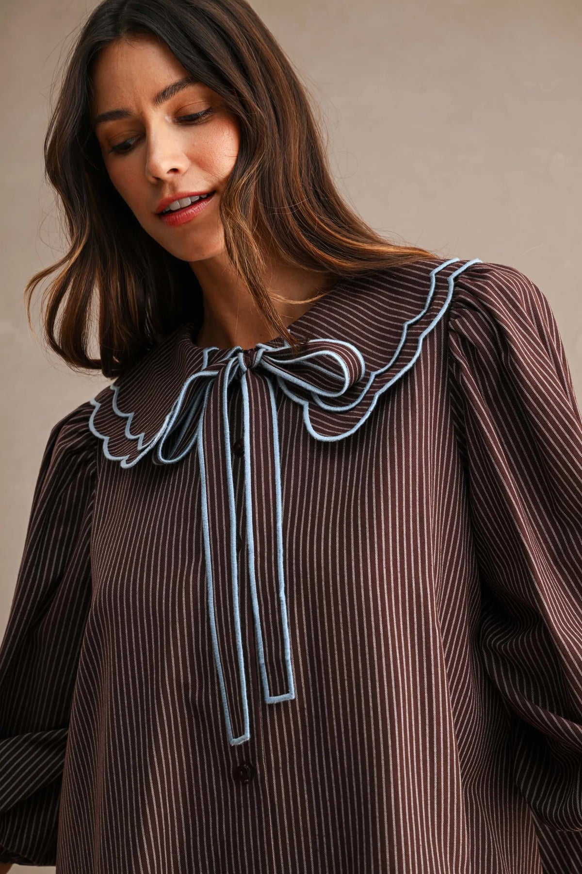 Scallop Peter Pan Collar Shirt Mini Dress Chocolate Brown