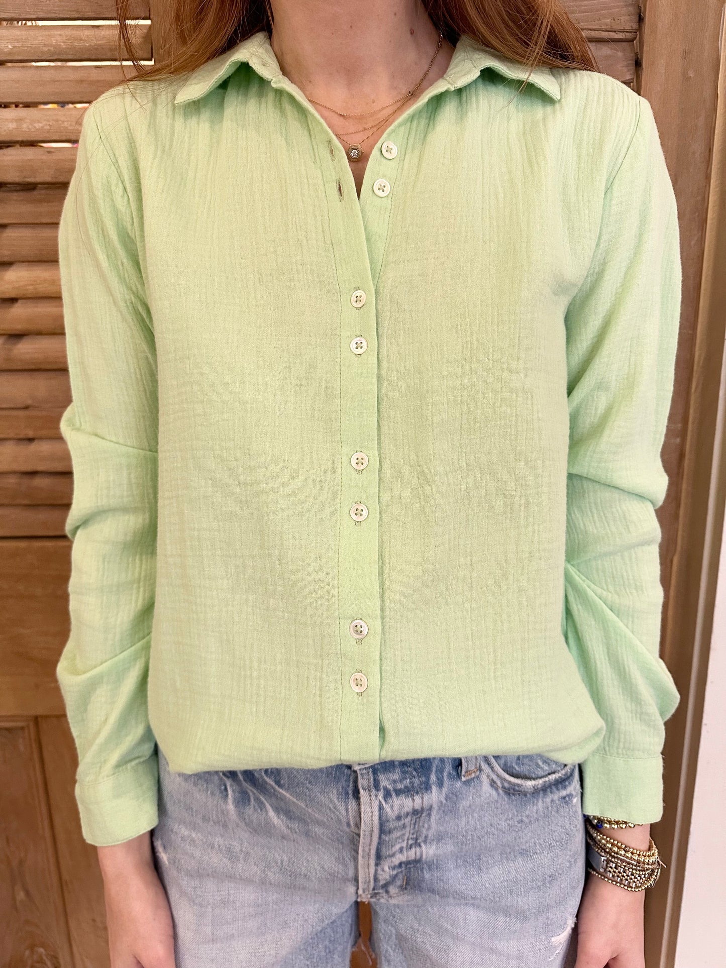 Long Sleeve Gauze Button Down Honeydew