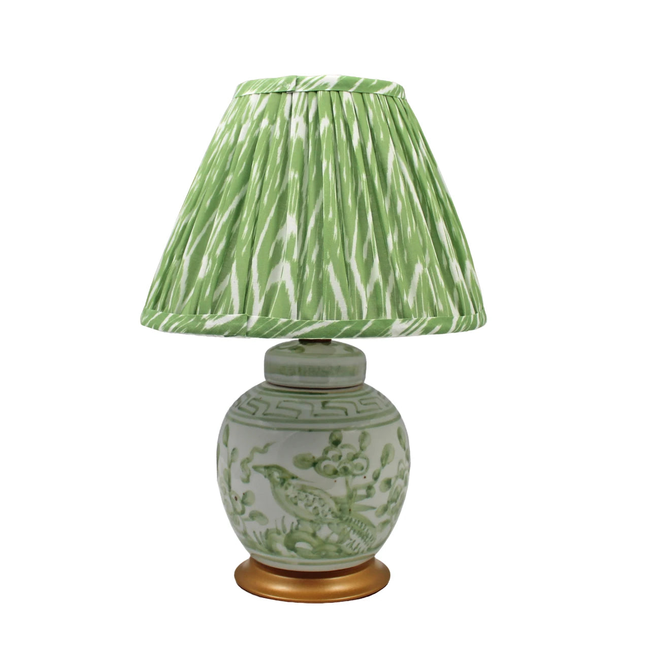 Green And White Porcelain Ancestor Mini Jar Lamp Flower Bird Motif With Gold Base