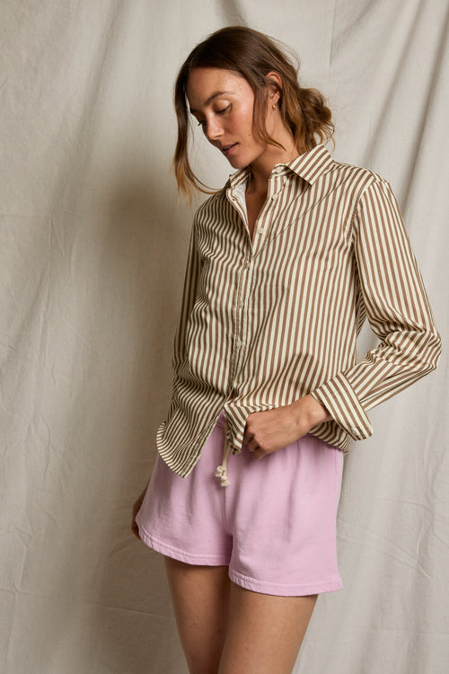 Poplin LS Woven Button Top Mocha Stripe