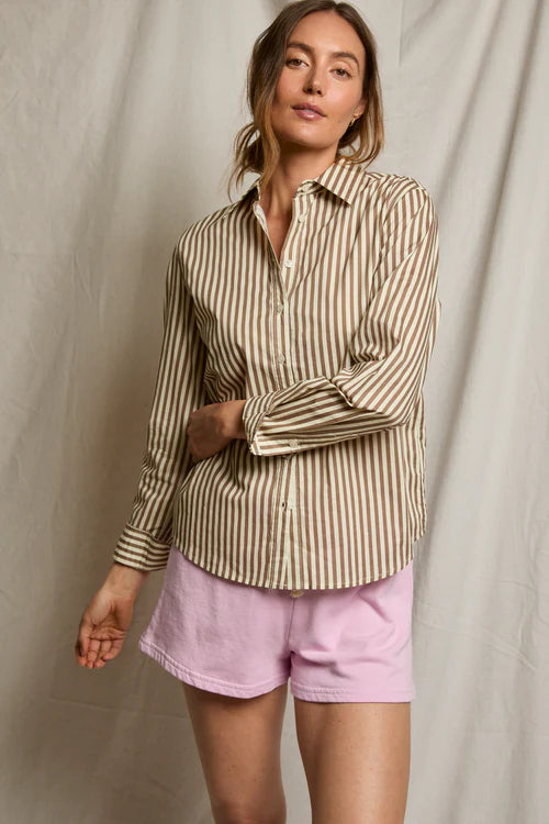 Poplin LS Woven Button Top Mocha Stripe