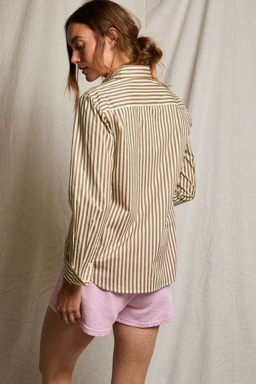 Poplin LS Woven Button Top Mocha Stripe