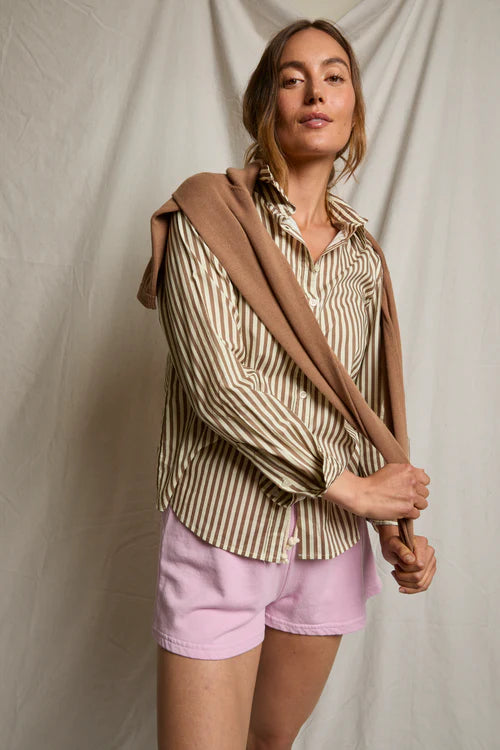 Poplin LS Woven Button Top Mocha Stripe