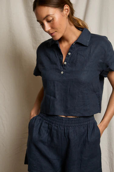 Linen Pull Over Cropped Woven Polo Navy