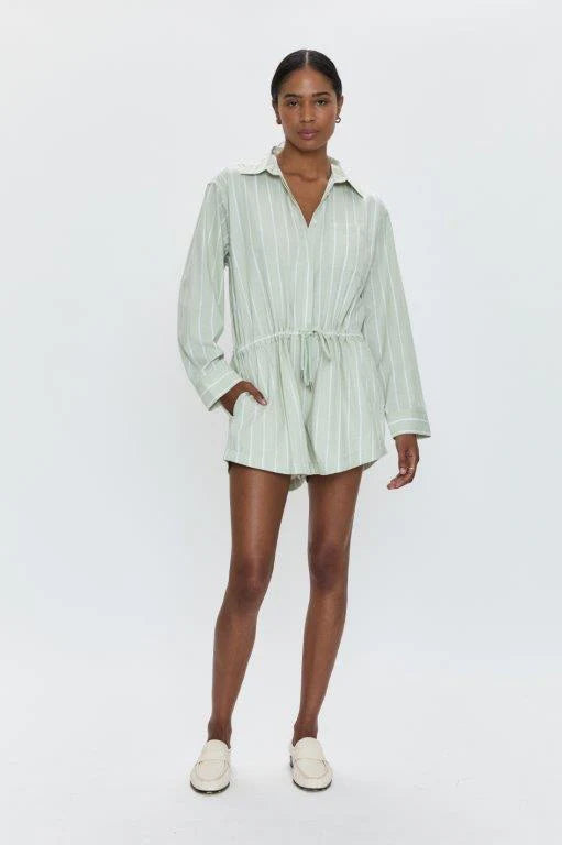 Amelie Long Sleeve Romper Pistachio Stripe