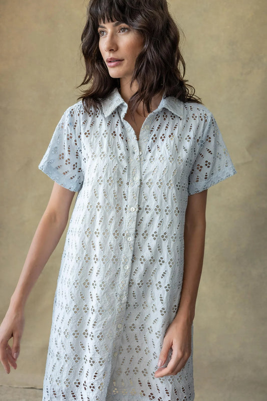 Eyelet Short Sleeve Shirt Dress Hyacinth