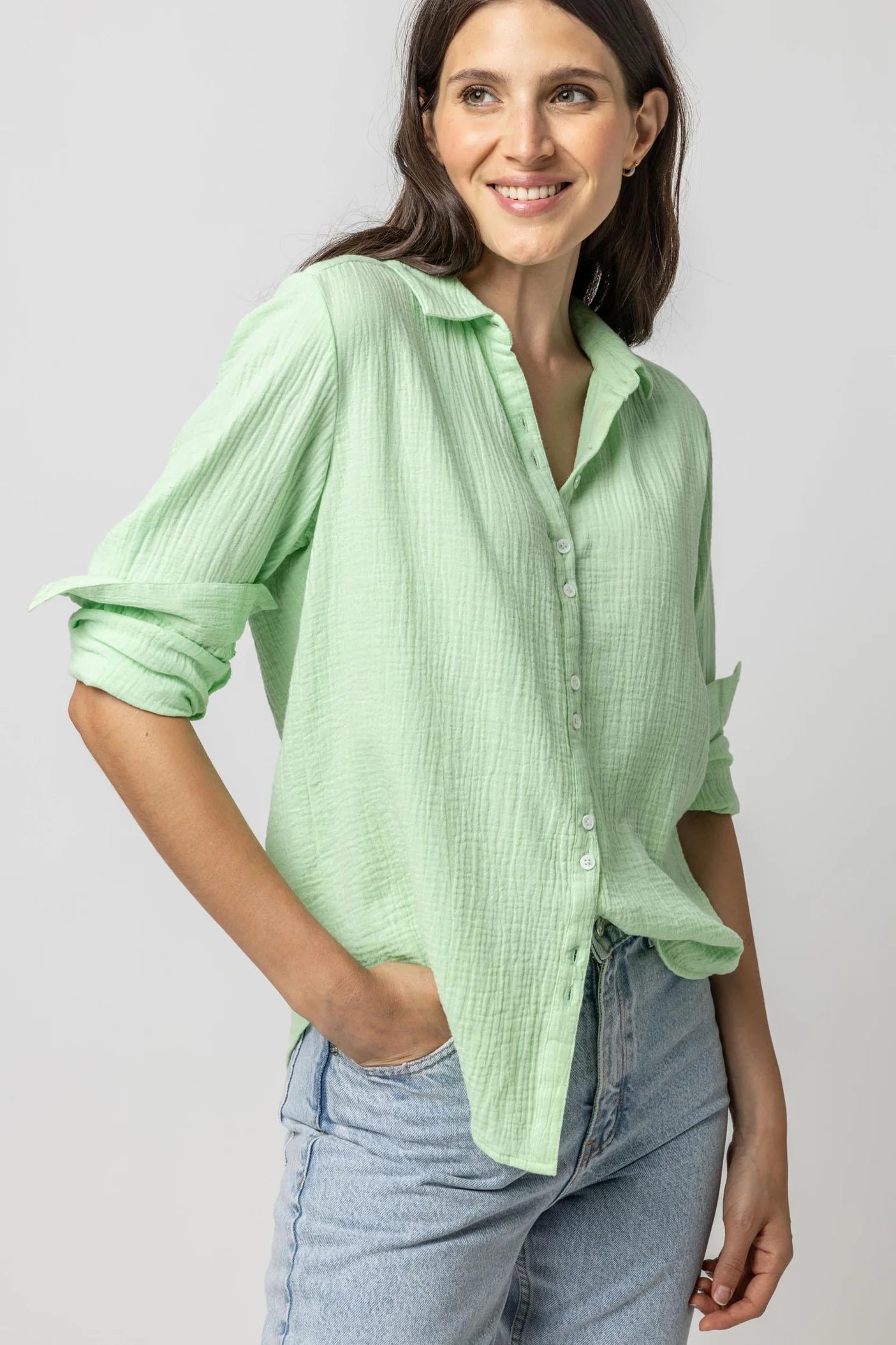 Long Sleeve Gauze Button Down Honeydew