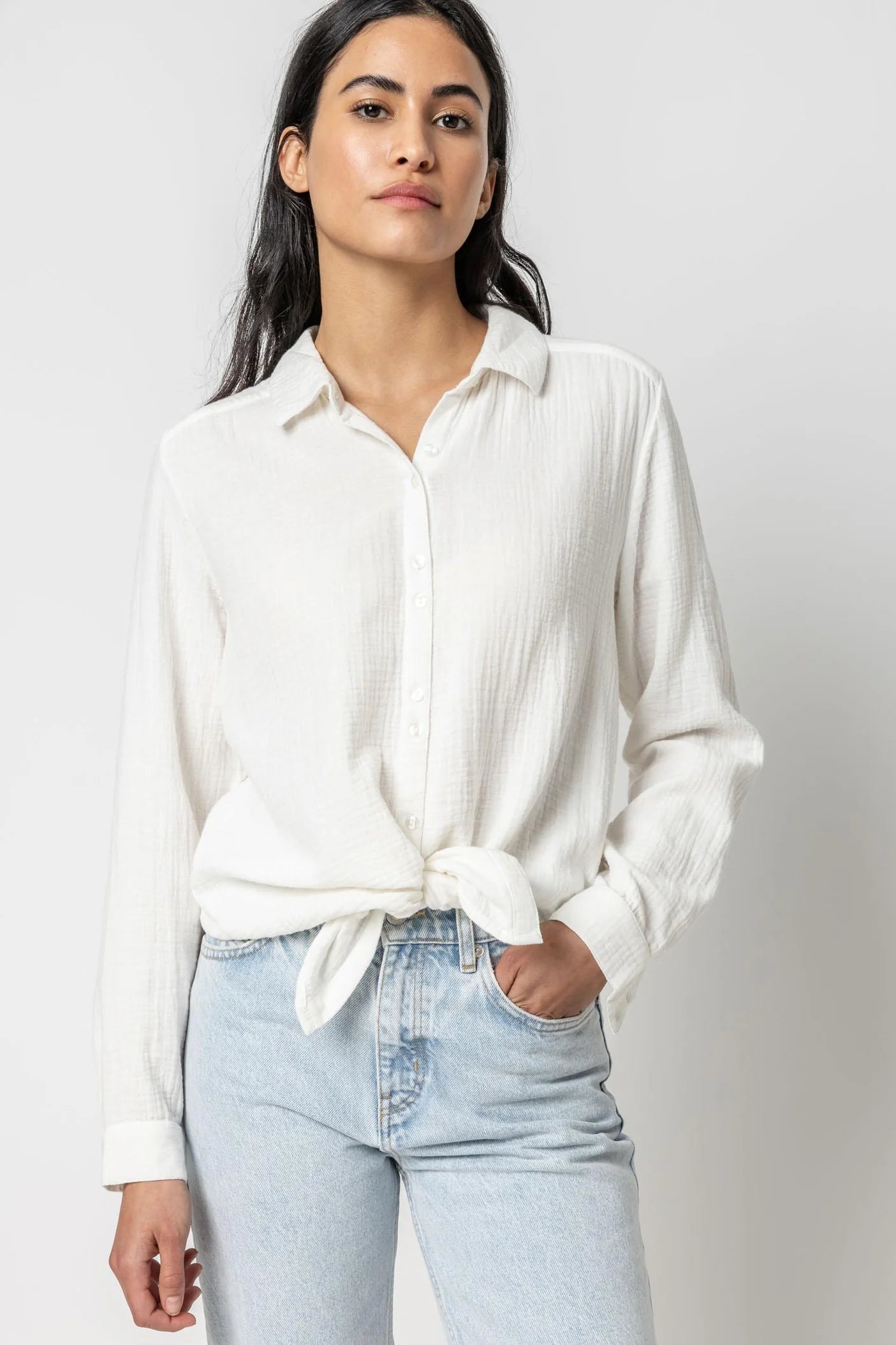 Long Sleeve Gauze Button Down White