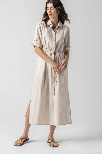 Striped Maxi Shirt Dress Flax Stripe