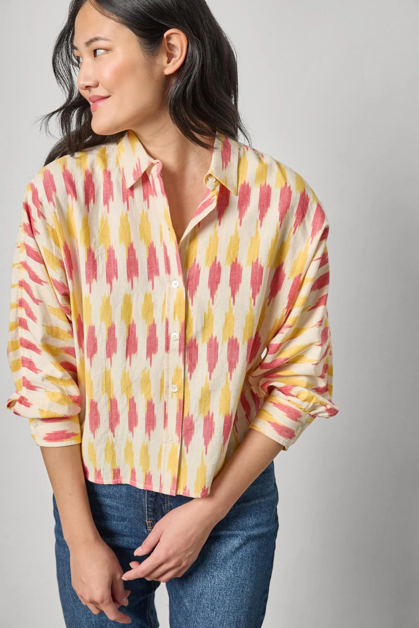 Ikat Dolman Button Down Taffy Ikat