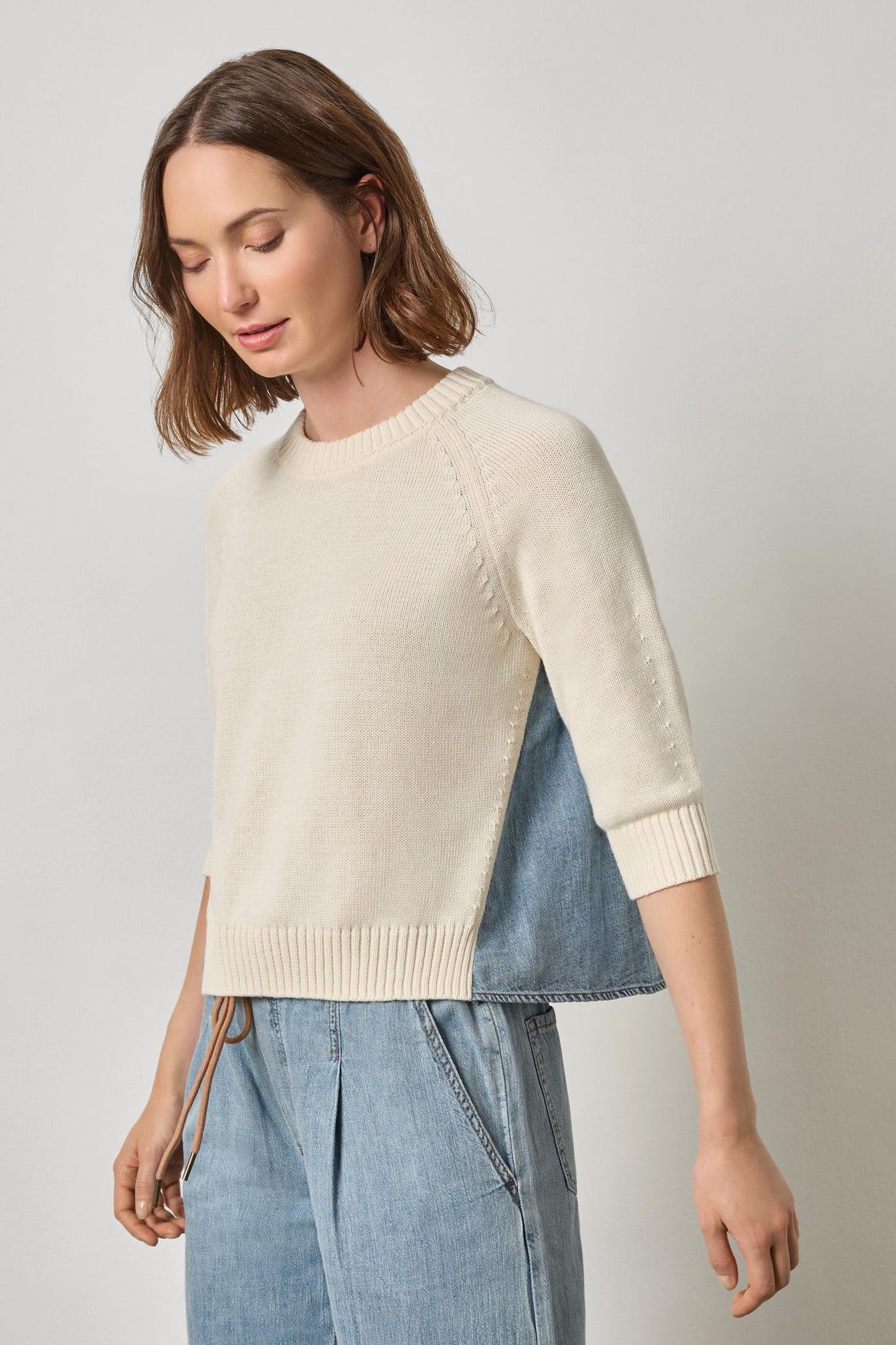 Denim Elbow Sleeve Sweater Off White