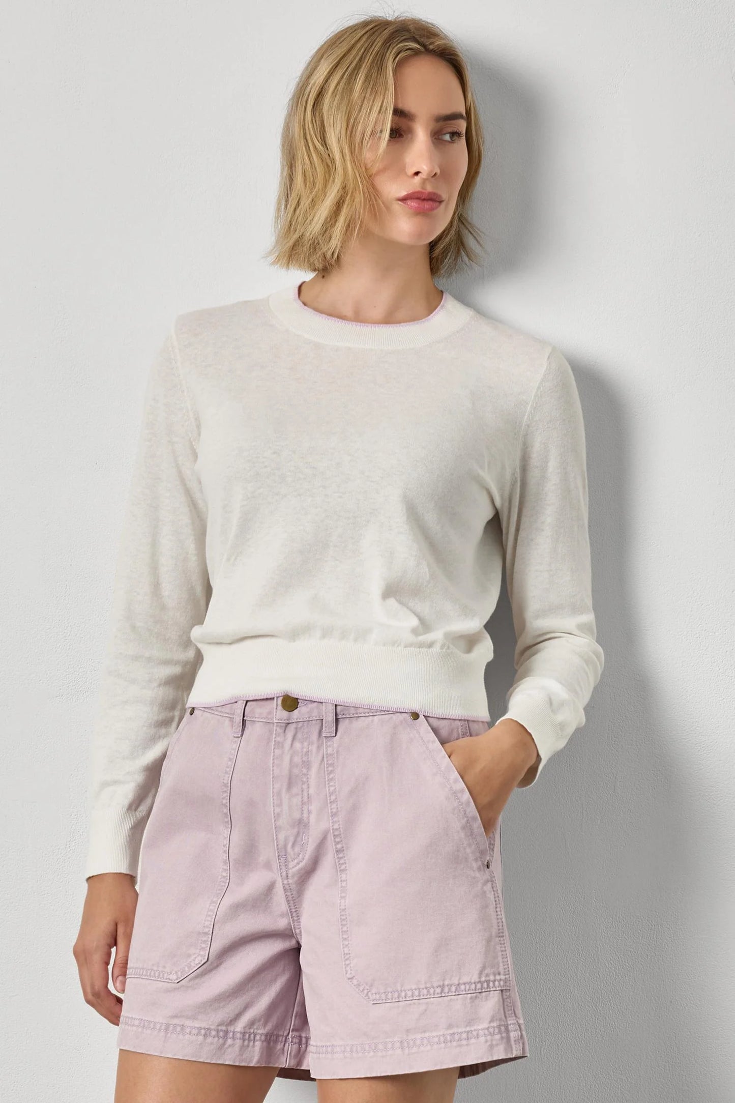 Picot Edge Crewneck Sweater White Linen