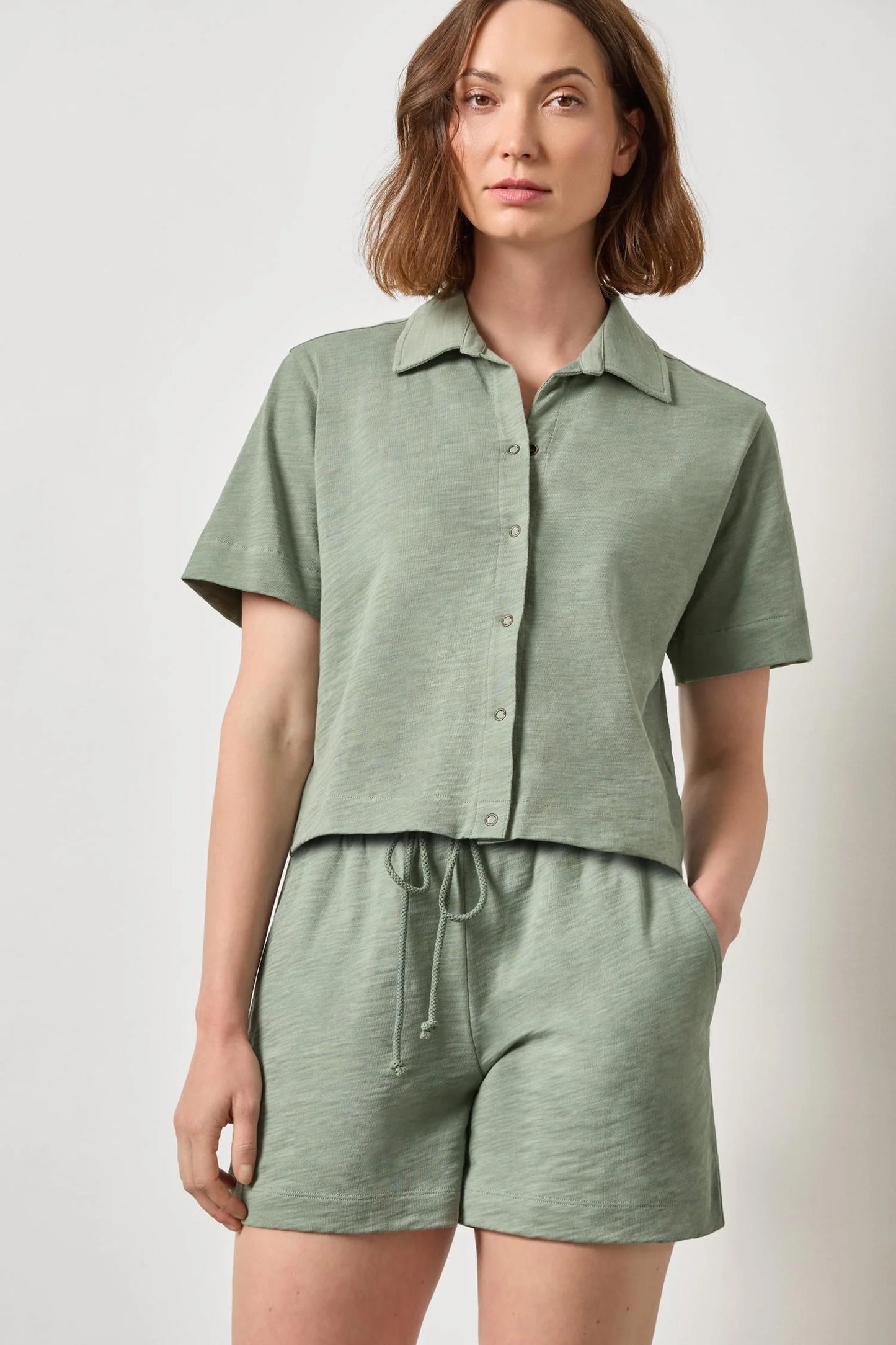 Elbow Sleeve Button Down Tee Sage