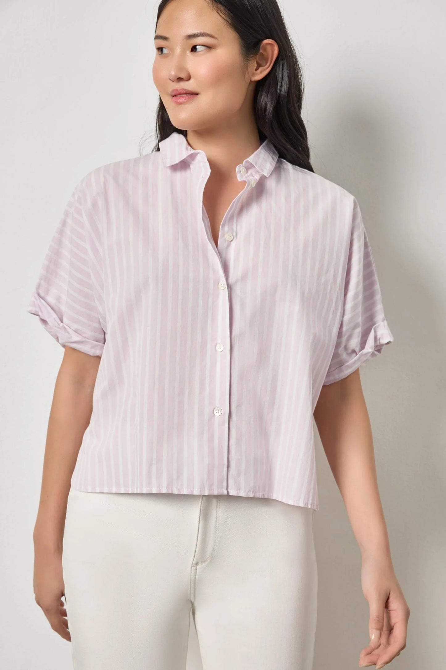 Striped Oversized Button Down Dolman Lavender Stripe