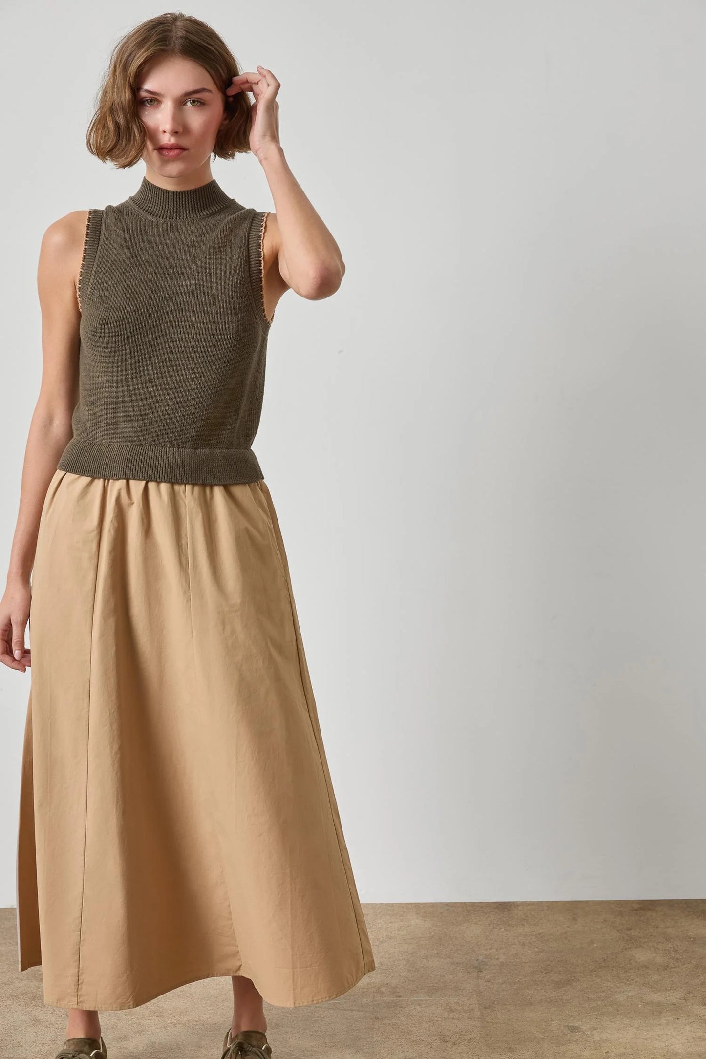 Mixed Media Mock Neck Dress Olive