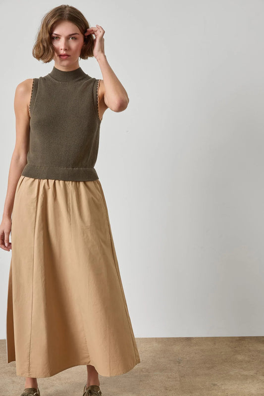 Mixed Media Mock Neck Dress Olive