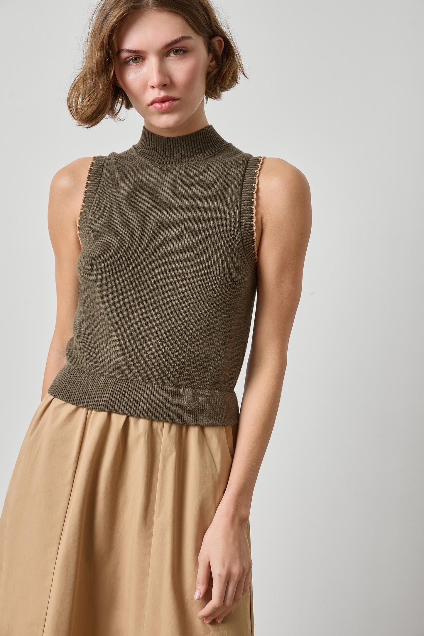 Mixed Media Mock Neck Dress Olive