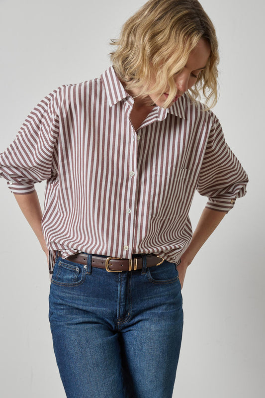 Dolman Sleeve Button Down Shirt Chestnut Stripe