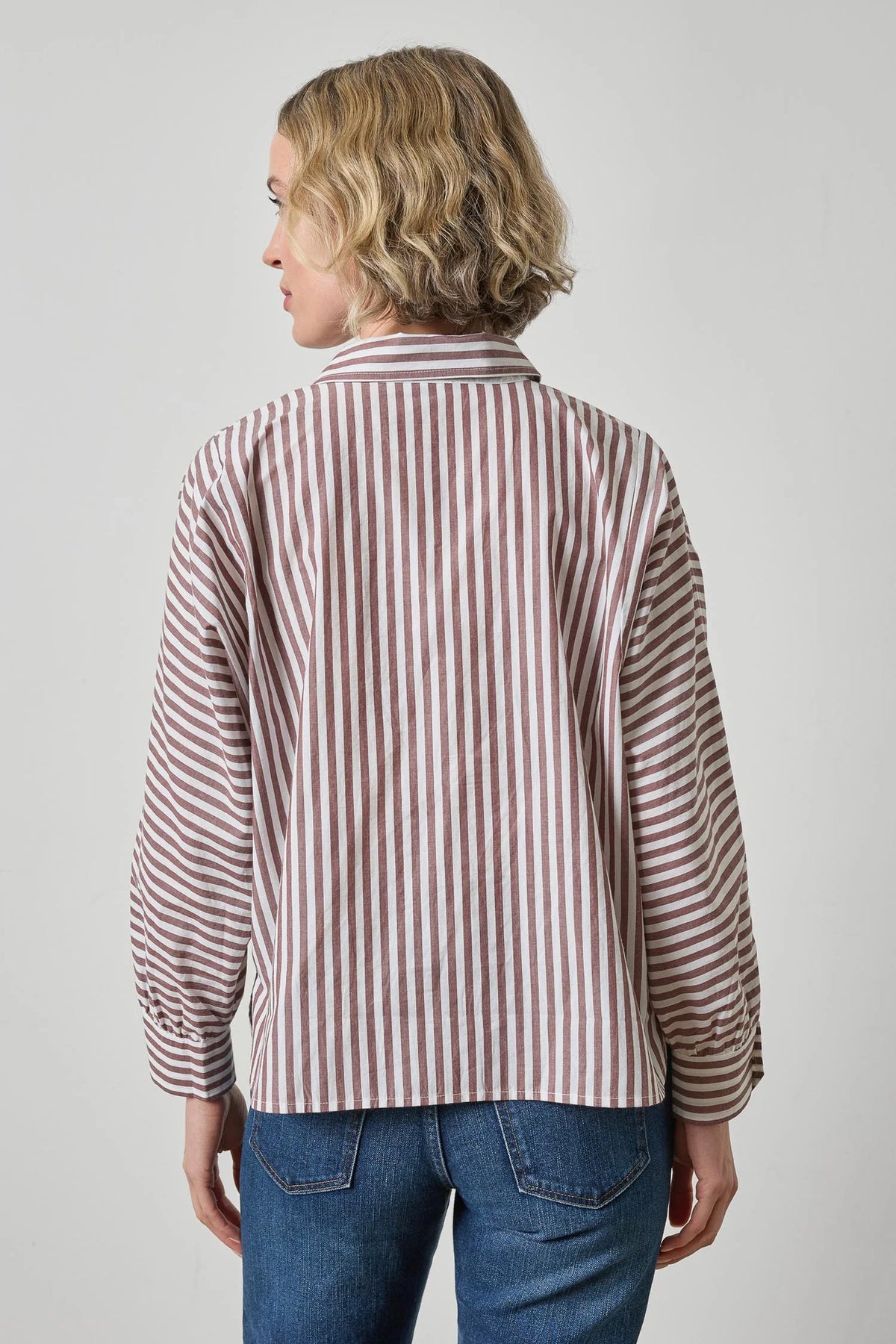 Dolman Sleeve Button Down Shirt Chestnut Stripe