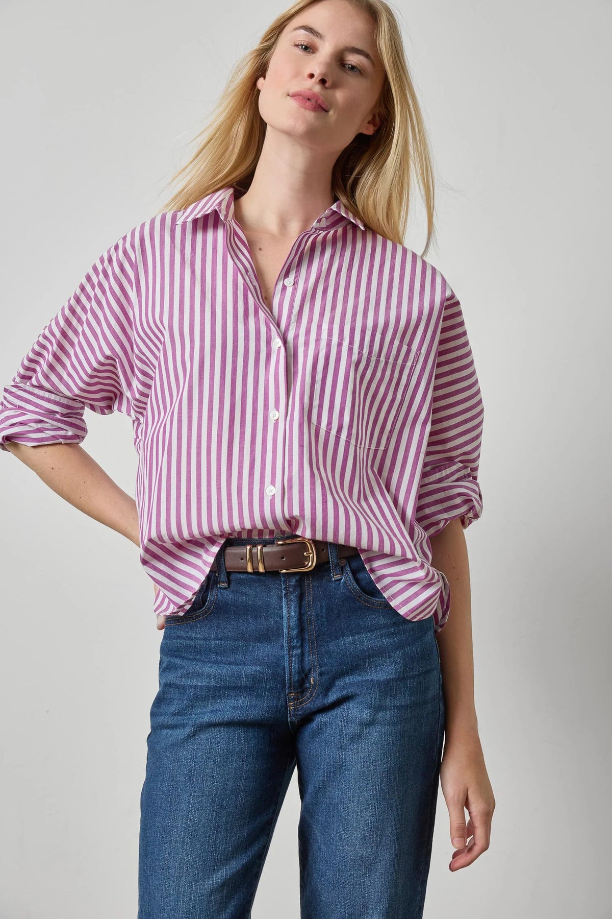 Dolman Sleeve Button Down Shirt Snapdragon Stripe