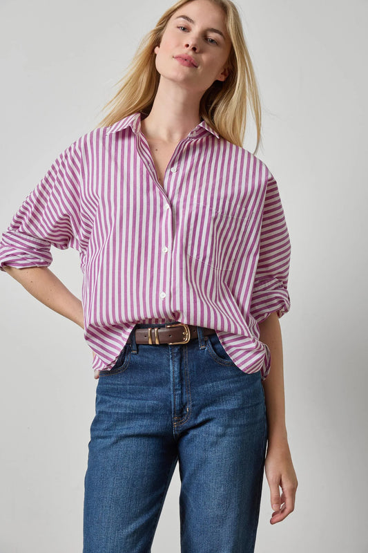 Dolman Sleeve Button Down Shirt Snapdragon Stripe