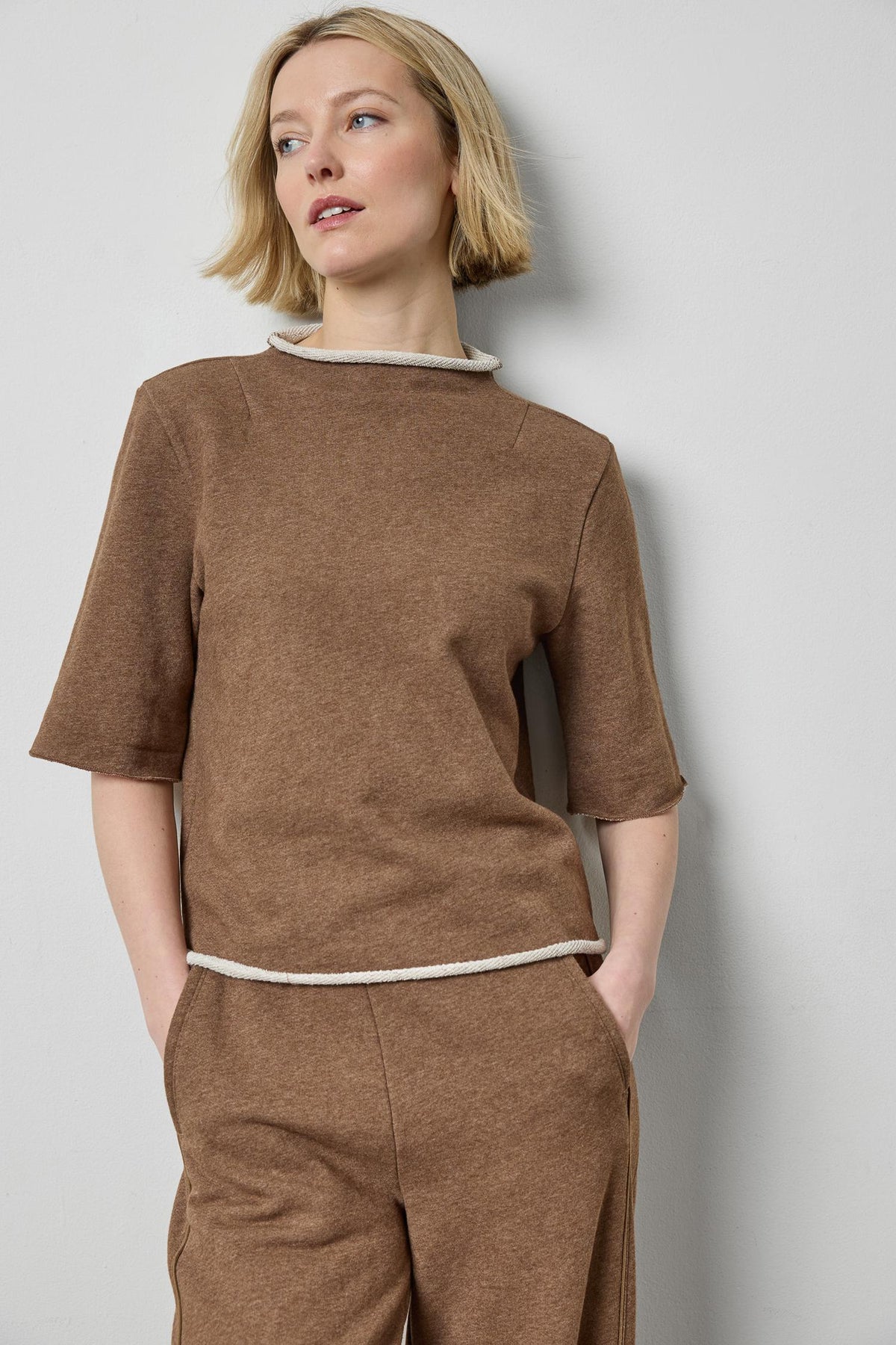 Roll Neck Short Sleeve Sweatshirt Cocoa Heather