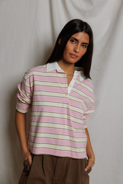 Cotton Collared Rugby Shirt Sugar Pink Stripe