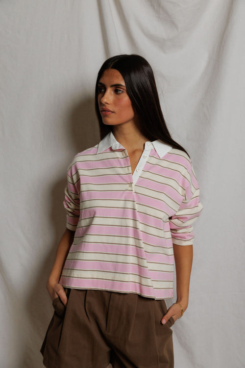 Cotton Collared Rugby Shirt Sugar Pink Stripe