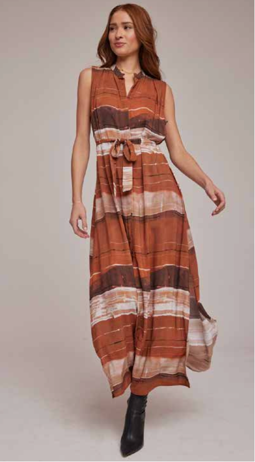 Sleeveless Pleat Front Maxi Dress Rust