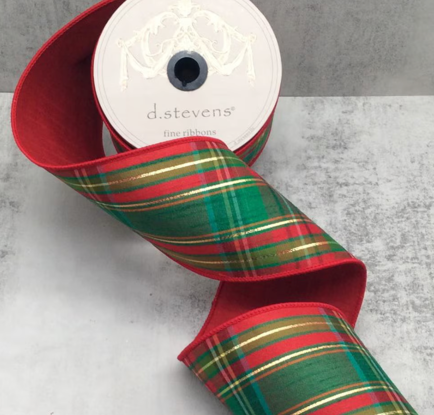 4“ Dupion Juniper Plaid Metallic Gold Thread, Dark Green Moss Green Red