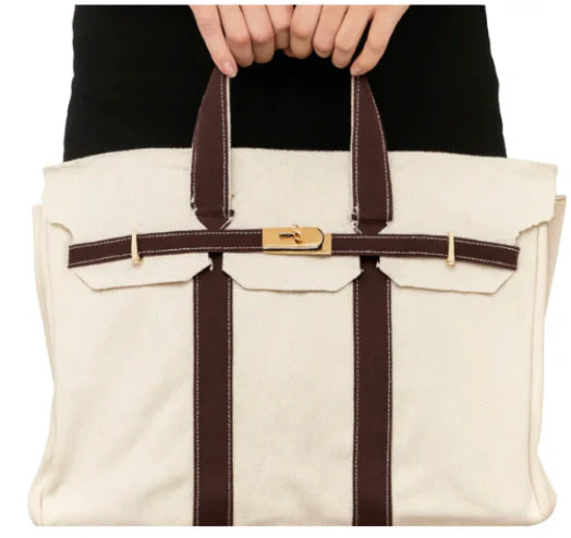 Canvas Tote Bag w/ Gold Buckle Hardware Brown Trim