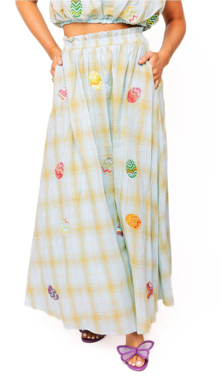 Green & Blue Plaid Multi Easter Egg Cotton Midi Skirt