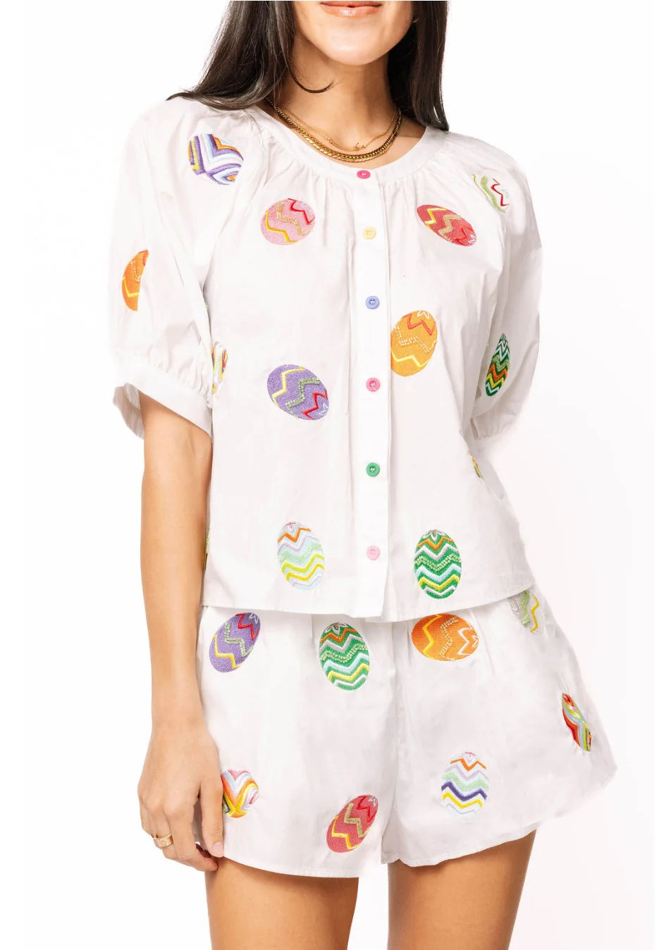 White Multi Easter Egg Cotton Short