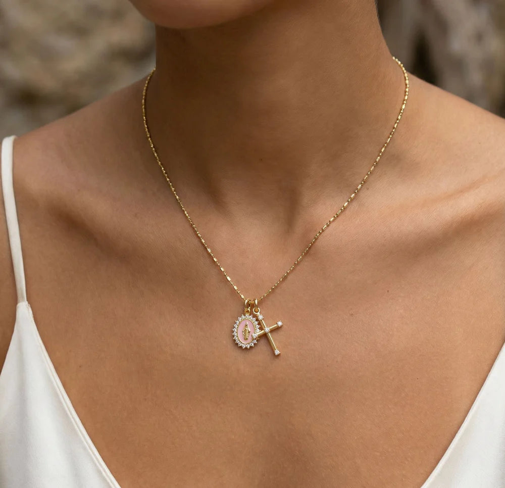 Virgin Maria Multi-Charm Necklace Baby Pink