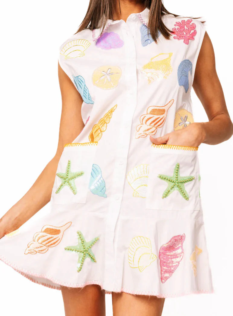 White Multi Shell Cotton Button Up Tank Dress