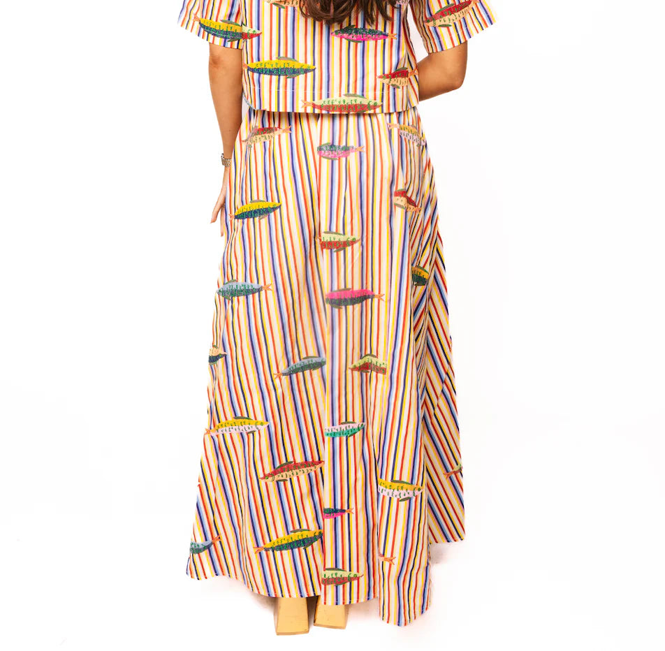 Rainbow Stripe Multi Fish Cotton Midi Skirt