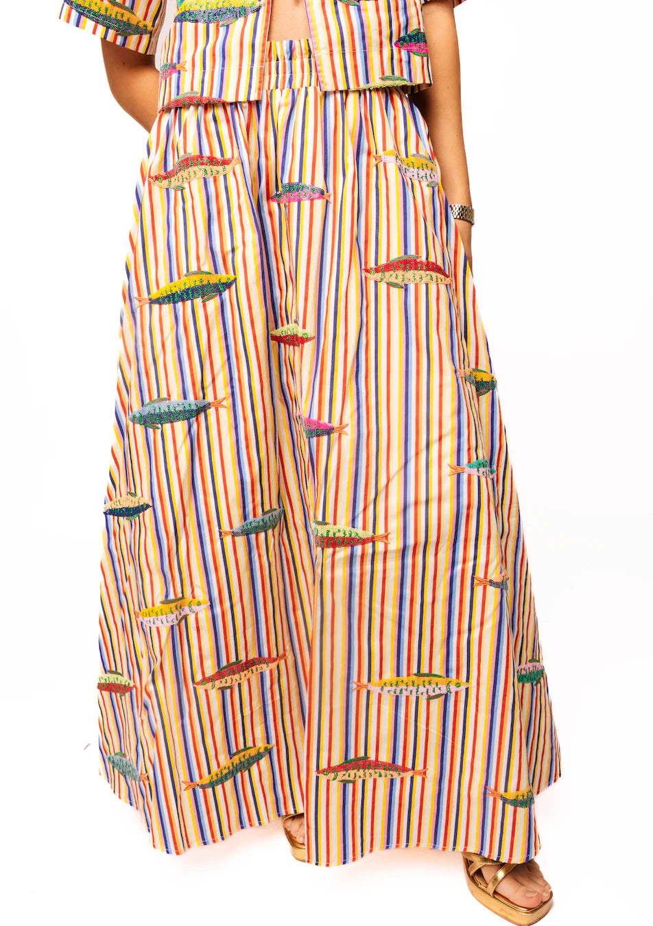 Rainbow Stripe Multi Fish Cotton Midi Skirt