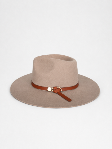 Wool Hat with Leather Band Camel Wool
