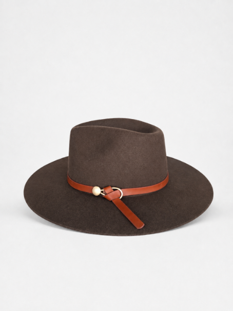 Wool Hat with Leather Band Chocolate Wool