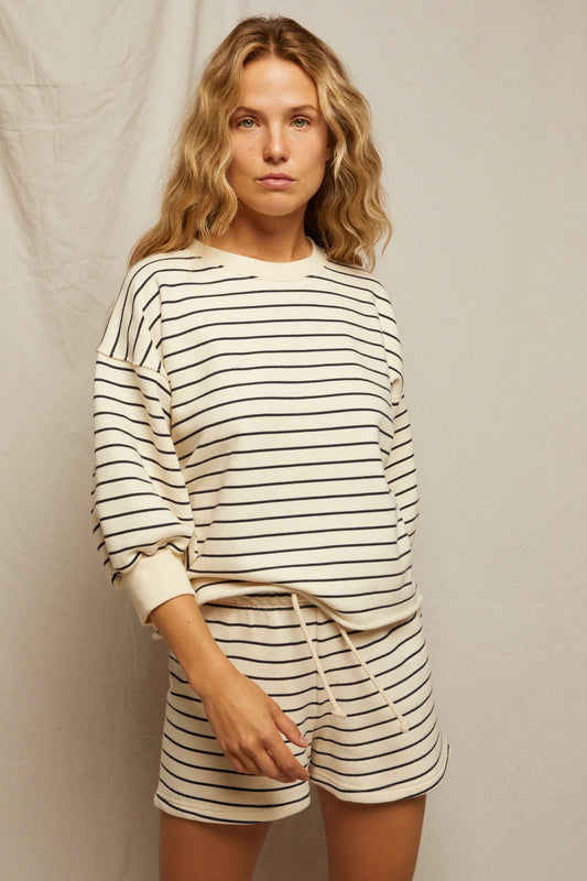 French Terry Oversized Crew Navy & Natural Stripe