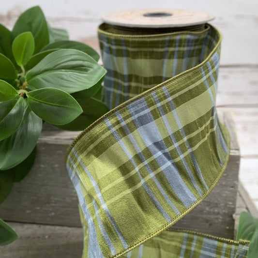 4" Faux Dupion Plaid, Green Blue