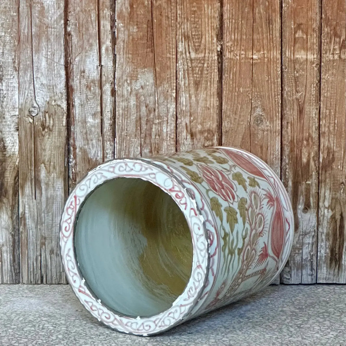 Rustic Peacock Pink and Green Porcelain Cachepot