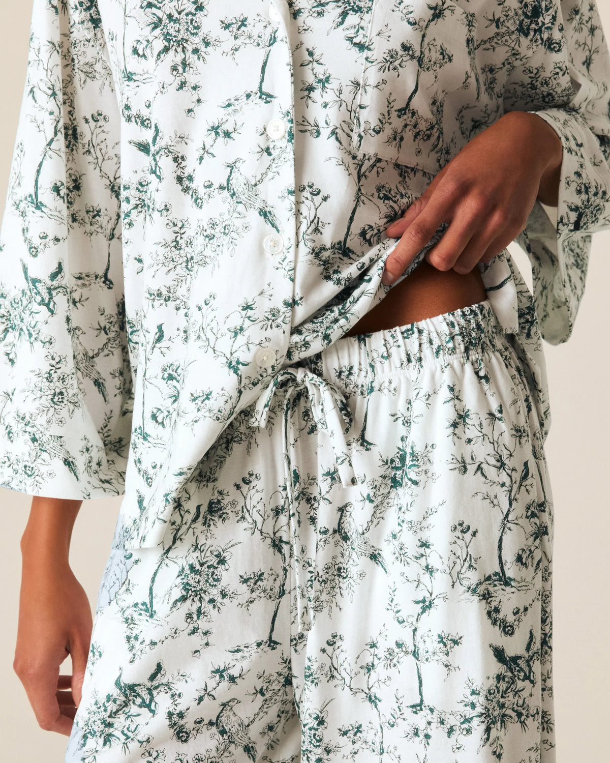 The Olivia Wide Leg Pima Pajama Set in Evergreen Timeless Toile