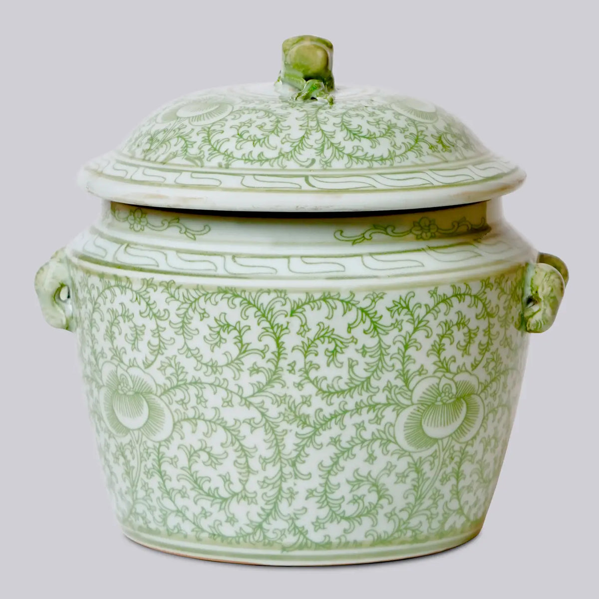 Green and White Porcelain Scrolling Peony Lug Jar