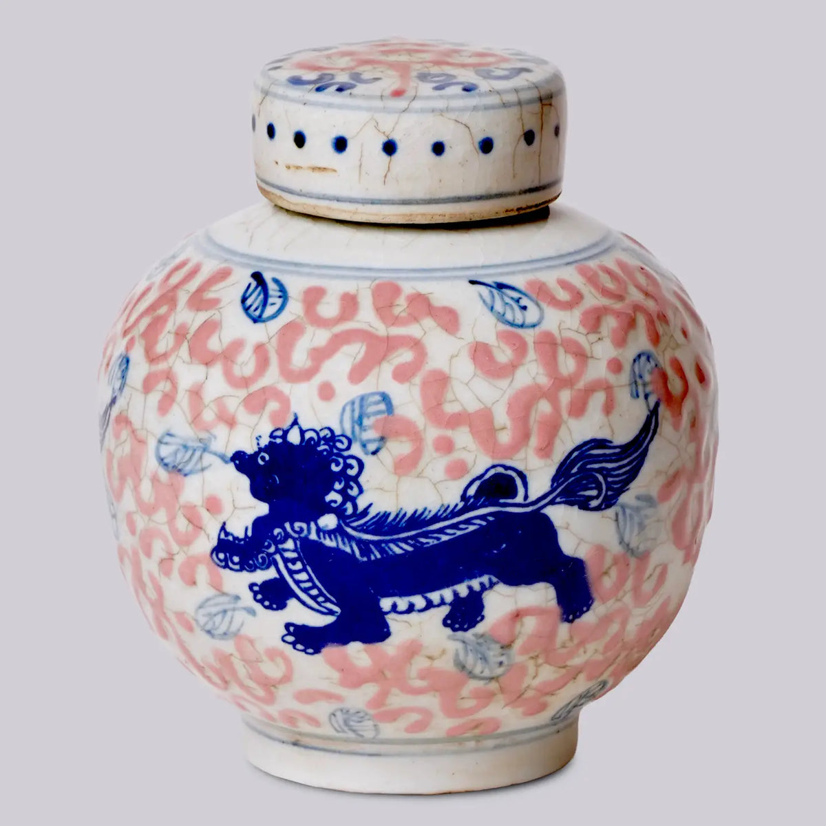 Red and Blue Porcelain Lion Round Storage Jar