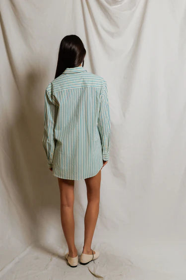 Poplin Button Down Shirt Teal Blue Sugar Stripe